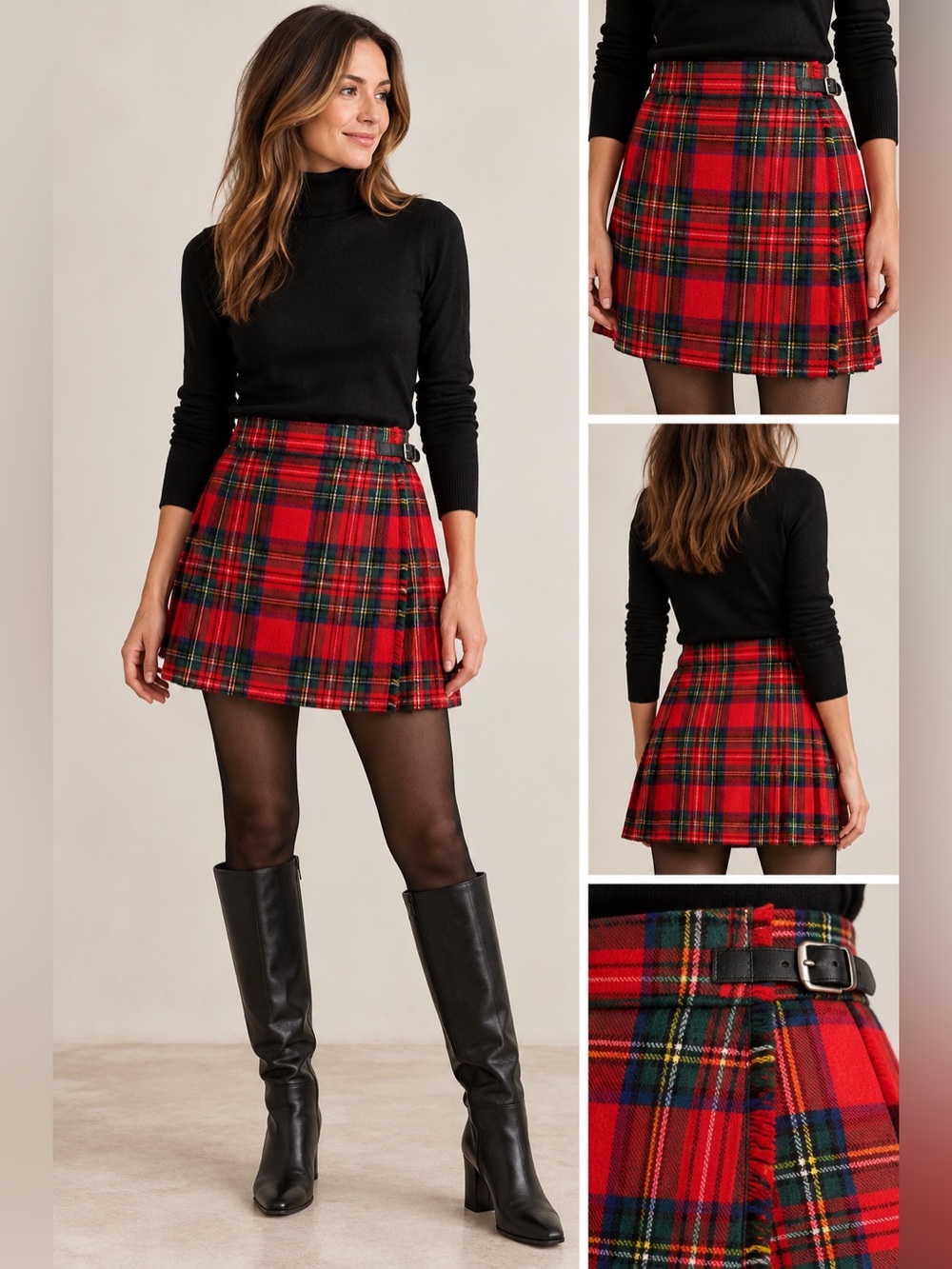 Wool Tartan Plaid Mini Skirt with Side Buckle